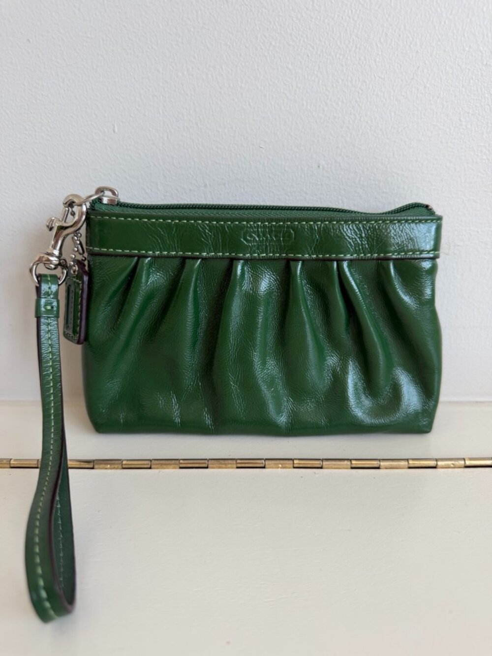 Coach Forest Green Patent Leather Pleated Wristlet Clutch